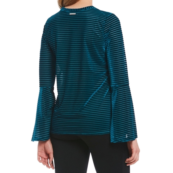 Michael Kors Blue Long Sleeve Striped Shirt Teal Blue Bell Sleeves Velour Velvet - Picture 2 of 11